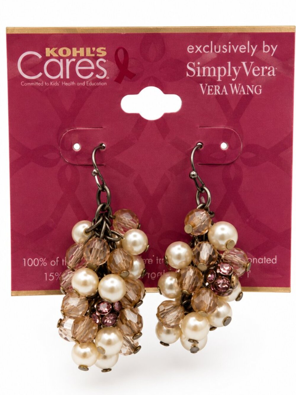 NWT Simply Vera Vera Wang Beaded Cluster Dangle Earrings Kohl's Cares Pink Ribbo